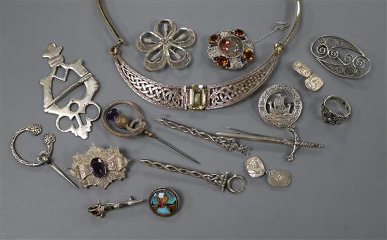 A Scottish Iona silver gilt and gem set necklace and other assorted white metal jewellery.